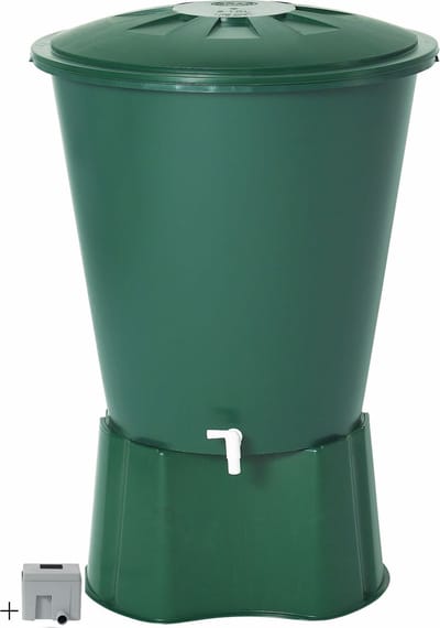 Graf regenton rond 310 L -groen-met kraantje-met voet-met vulautomaat voor rechthoekige regenpijp