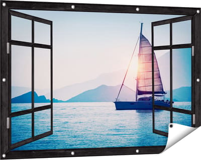 Gards Tuinposter Doorkijk Zeilboot bij Zonsondergang - 120x80 cm - Tuindoek - Tuindecoratie - Wanddecoratie buiten - Tuinschilderij