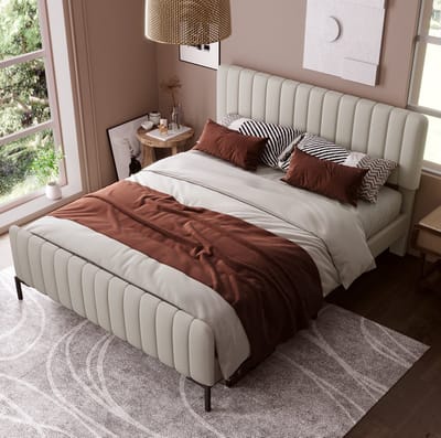MIVRAY Gestoffeerd Bed 180x200 cm - Tweepersoonsbed met Verstelbaar Hoofdbord en Lattenbodem - Zonder Matras - Linnen - Grijs-Beige