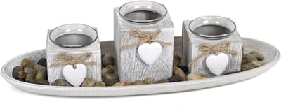 Gerimport Kaarsenbord-plateau - 3 kaarsenhouders - hout - deco stenen - D40 cm