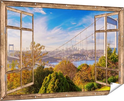 Gards Tuinposter Doorkijk Bosphorus Brug in Instanbul - 180x120 cm - Tuindoek - Tuindecoratie - Wanddecoratie buiten - Tuinschilderij