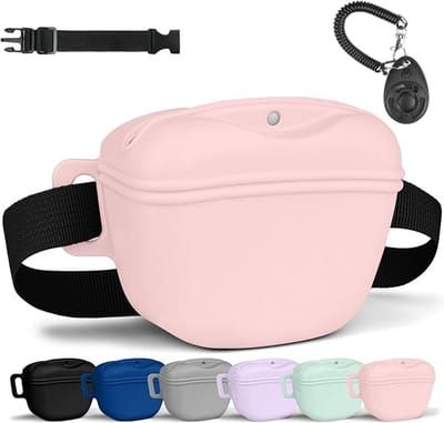 Siliconen Hond Traktatie Tas met Verstelbare Heupriem & Trainingsclicker - Draagbare Hondentraining Snackzak - Waterbestendige Puppy Snoep Opbergdoos voor Wandelen Huisdier Training