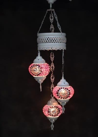 Oosterse lamp 3 glazen paars roos bollen mozaiek kroonluchter