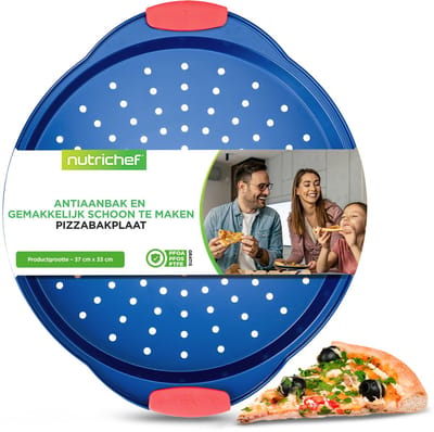 Nutrichef Pizzaplaat - Ronde Pizzasteen voor Oven - Anti-aanbak Pizzapan - Siliconen Handgrepen Vaatwasserbestendig