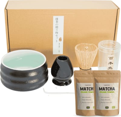 Cupplement Matcha Set Zwart Starterkit 5-delig met 2x Matcha Poeder - Matcha Klopper, Garde, Whisk - matcha set met poeder - Matcha whisk - matcha bowl - matcha garde - matcha thee set - japanse thee set