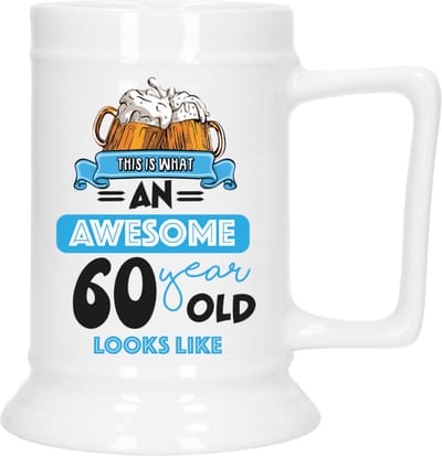 Bellatio Decoration Cadeau Bierpul voor 60 jaar - blauw - grappige leeftijd bierpul - keramiek