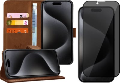 Hoesje geschikt voor iPhone 15 Pro - Privacy Screen Protector FullGuard - Book Case Kunstleer Pasjeshouder Bruin & Screenprotector