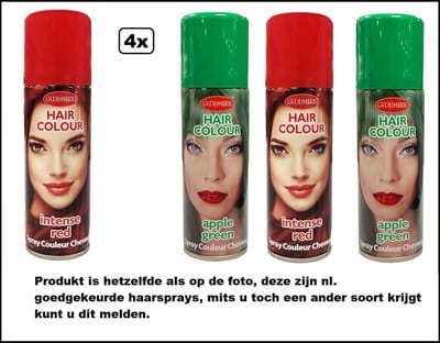 4x Haarverf/haarspray groen-rood 125 ml - Intense red and Apple green - Word bezorgd in doos ivm beschadeging - Festival thema feest carnaval haar kleurspray party