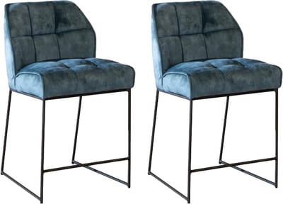 Bronx71® Velvet barkruk Janna blauw 70 cm - barkrukken set van 2 - barstoel
