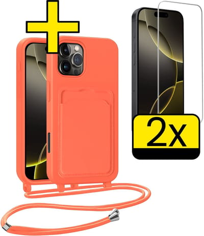 Hoesje Geschikt voor iPhone 16 Pro Telefoonhoesje Met Koord Case Pashouder Met 2x Screenprotector Siliconen - Hoes Geschikt voor iPhone 16 Pro Hoesje Met Kaarthouder - Papaya