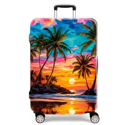 Kokosboom kofferhoes M 50.8-55.8 CM [20-22 inch]– elastische kofferhoes voor reiskoffer – anti kras bagagehoes met strand en zonsondergang print – beschermhoes voor trolley en handbagage – kofferbeschermer dames en heren