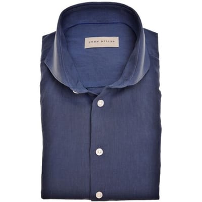 John Miller Overhemd Plain Cotton-Linen Blend Donker Blauw / male