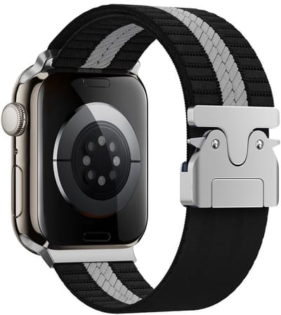 Nylon bandje - geschikt voor Apple Watch 1/2/3/4/5/6/7/8/9/10/11/ SE (1,2,3) met maat 38 mm / 40 mm / 41 mm en 42 mm (Watch 10/11) - zwart-grijs