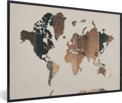 Poster in lijst - Fotolijst 90x60 cm - Posters - Wereldkaart - Houten - Beige - Posterlijst zwart - Decoratie - Wanddecoratie woonkamer - Muurdecoratie slaapkamer