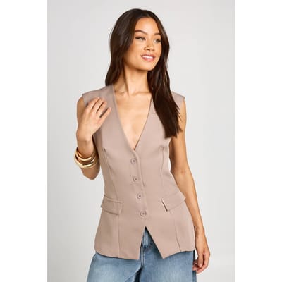 boohoo Dames Lang Gilet Met V-hals En Zakdetail | Paddestoel | Maat: 36