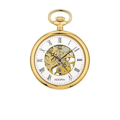 Mooi goudkleurige mechanishe zakhorloge Opwinder Adora TU9118 met open wijzerplaat.