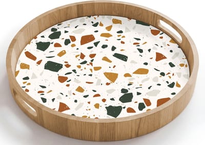 Dienblad rond 40x40 cm - Schootdienblad hout - Terrazzo - Patroon - Wit - Terra - Borrelplank rechthoek - Plateau houten dienbladen