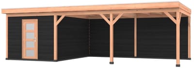 Douglas overkapping, 900 x 400, met zwarte schuur en achterwand, Westwood Comfort Plus