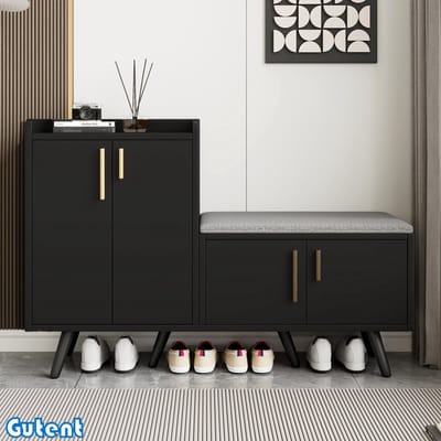 Gutent Woodgrain Modern Schoenenkast-Vierdeurs Opbergkast-Asymmetrische Metalen Handgreep-B120/D34/H82-Zwart