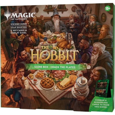 Magic: The Gathering | The Hobbit Scene Box - Crack the Plates| 6 Foil Borderless Scene Cards, 6 Art Cards, 3 Play Boosters + Display Easel