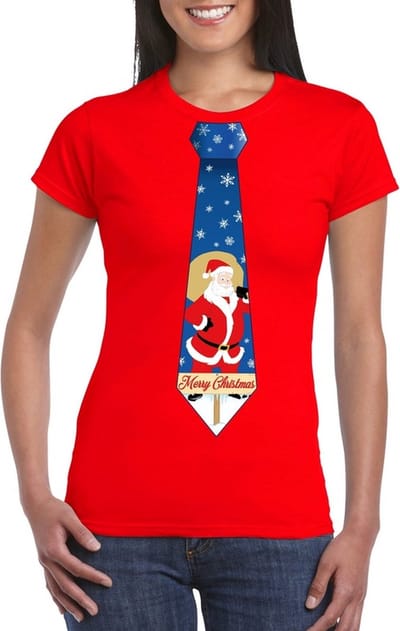 Foute Kerst t-shirt stropdas met kerstman print rood voor dames S