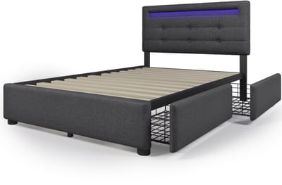 COVREO Bedframe 90x200 cm grijs, stof bekleed, LED en 2 lades, met matras