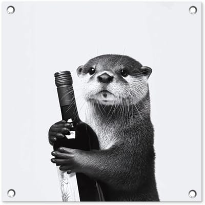 Tuinposter 50x50 cm - Tuindecoratie Wijnfles - Otter - Zwart - Poster voor in de tuin - Buiten decoratie - Schutting tuinschilderij - Tuindoek muurdecoratie - Wanddecoratie balkondoek
