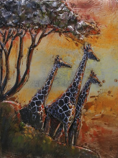 Metalen 3D schilderij Giraffen 80 x 60 cm - Afrika - Savanne - schilderij - metal - muurdecoratie - wall - deco - kunst - wanddecoratie - metaal - wandschilderij - decoratief - interieur - cadeau - geschenk - gift - verjaardag - kerst - nieuwjaar