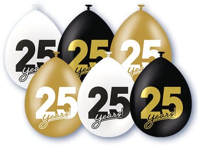 BTH – 25 Jaar Ballonnen – 6 Stuks – Zwart-Wit-Goud – 25 Jaar Verjaardag Celebration Decoratie – Latex Ballonnen