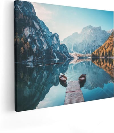 Artaza Canvas Schilderij Landschap - 50x40 cm - Wanddecoratie Bergen - Muurdecoratie Boot - Kamer Accessoires Herfst