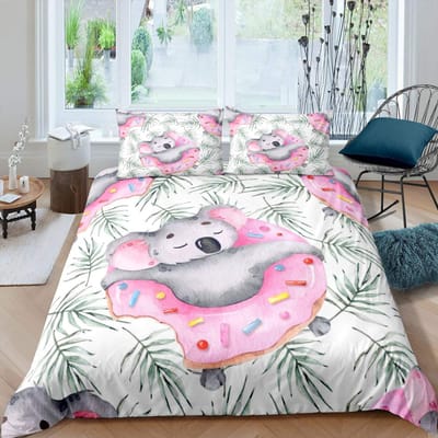 Koala Dekbedovertrekset, Bloeiende Bloementak met een Beer Dekbedovertrek, Palmboomblad Wilde Dieren Cartoon Polyester Quiltovertrek AU Single(140x210cm)