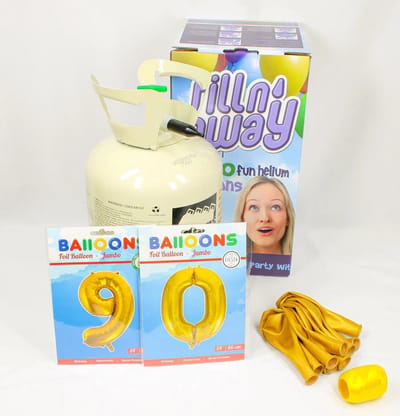 Verjaardag Versiering Pakket 90 jaar - Helium tank voor ballonnen - versiering ballon 90 Jaar Verjaardag Versiering Volwassenen - Ballonnen Goud & Krullint Goud - Ballonnen 90 jaar - Pakket 2 cijfers 34" + Helium Tank + 10 ballonnen + Krullint