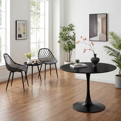 Combinatieset: 3-delige tafel- en stoelenset + Ronde Zwarte eettafel - Salontafel bijzettafel - Geschikt voor woonkamer, slaapkamer, lounge, eetkamer en kantoor - 100 x 100 x 73 cm - Tafelblad met gesplitst ontwerp
