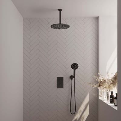 Brauer Black Edition thermostatische inbouw regendouche 3-weg omstelling SET 36 met 30 cm douchekop en plafondarm en 3-standen handdouche en doucheslang en wandaansluitbocht mat zwart