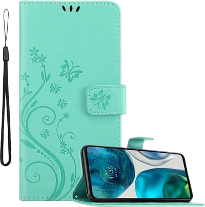 Cadorabo Hoesje geschikt voor Motorola MOTO G52 4G / G82 5G in BLOEMEN TURKOOIS - Beschermhoes in bloemmotief met magnetische sluiting, standfunctie en kaartsleuven Book Case Cover Etui