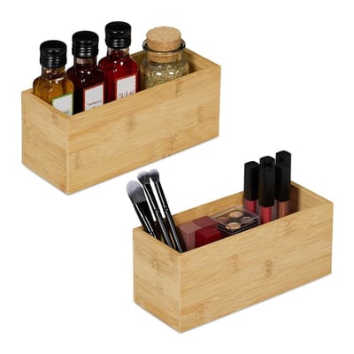 Famanu - Organizer bakjes bamboe set van 2, opbergbox zonder deksel voor keuken en badkamer, natuurlijke lade organizer 23 cm