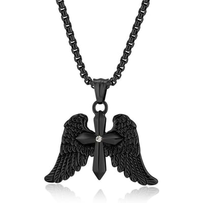 Collier Croix Archange Ailes Doubles Vintage pour Hommes Style Punk Hip Hop Acier Inoxydable black