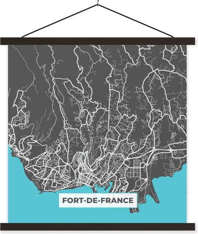 Posterhanger incl. Poster 60x60 cm - Schoolplaat - Kaart - Frankrijk - Stadskaart - Plattegrond - Fort-de-France - Textielposter - Zwarte latten - Stadskaart