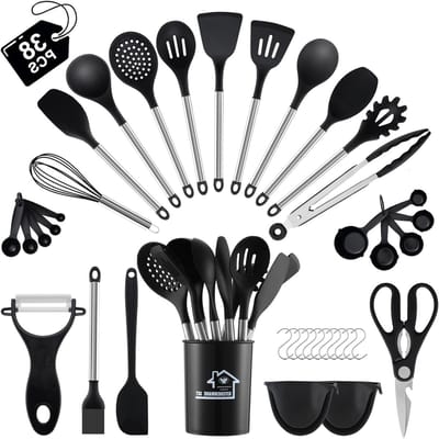 Complete Keuken Gereedschap Set met 38 Stukken, Siliconen Keukengerei, Spatel, Maatlepels en Houder, Hittebestendig en Antiaanbak, Zwart en RVS Handvatten