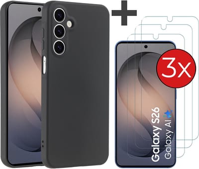 Hoesje geschikt voor Samsung Galaxy S26 hoesje zacht siliconen met 3 Stuks gehard glas Screenprotectors- Arara backcover - Zwart