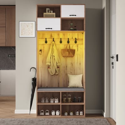 Sweiko Halmeubel - Kapstok - Met zitting - 5 haken - LED-verlichting - Open opbergplank - Natuurlijke + Wit