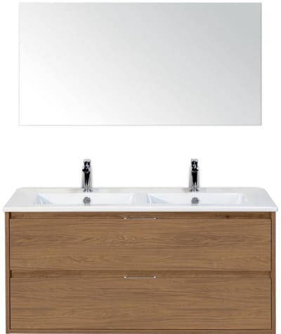 Porto Badmeubelset 120 cm - 2 Laden Honey - Keramische Wastafel Wit Slim met Spiegel
