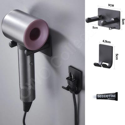 OWO - muurbeugel houder RVS met stekker houder geschikt voor Dyson supersonic haardroger HD01 HD02 HD03 HD04 HD07 Föhn - zwart