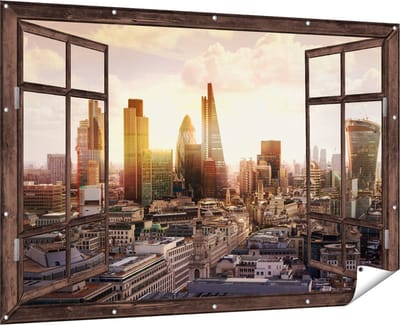 Gards Tuinposter Doorkijk Londen bij Zonsondergang in een Moderne Wijk - 180x120 cm - Tuindoek - Tuindecoratie - Wanddecoratie buiten - Tuinschilderij