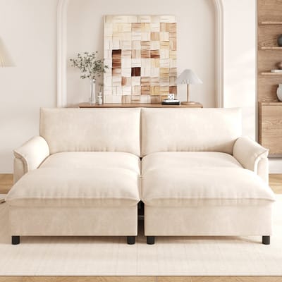 FloraGrace Hoekbank 216 x 77 x 82 cm - Met 2 Verplaatsbare Hockers En Opbergruimte - Slaapfunctie - Chenille - Beige
