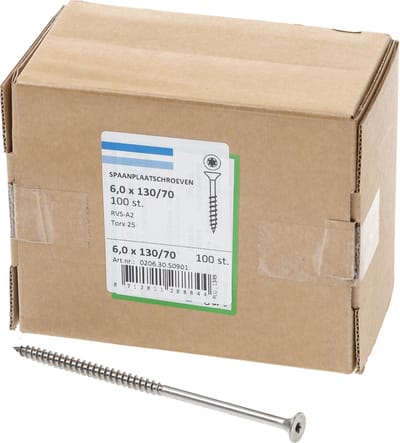 Hoenderdaal Spaanplaatschroef RVS platverzonken kop TX25 deeldraad 6.0X130/70 (per 100 stuks)