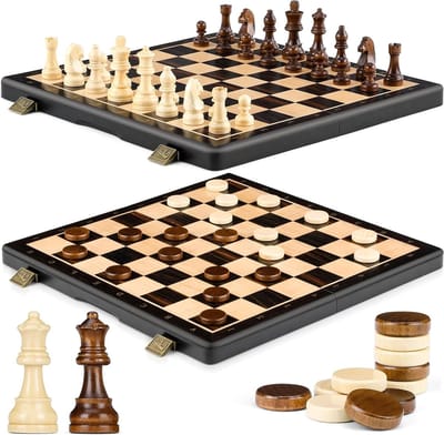 Hoogwaardige 38CM Schaakspel van Hout - 2 in 1 Magnetisch Schaakbord, Reisspel voor Kinderen en Volwassenen, Natuurlijke Houtkleuren, Schaakset en Damset voor Gezellige Spelletjes