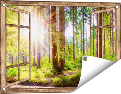 Gards Tuinposter Doorkijk Bos met Zon tussen de Bomen - 60x40 cm - Tuindoek - Tuindecoratie - Wanddecoratie buiten - Tuinschilderij