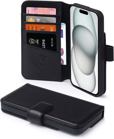 MobyDefend Hoesje - Geschikt voor iPhone 15 - Luxe Leren Wallet Bookcase - Zwart