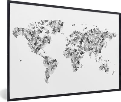 Poster in lijst - Fotolijst 120x80 cm - Posters - Wereldkaart - Kleuren - Vlinders - Kinderen - Jongens - Meisjes - Posterlijst zwart - Decoratie - Wanddecoratie woonkamer - Muurdecoratie slaapkamer